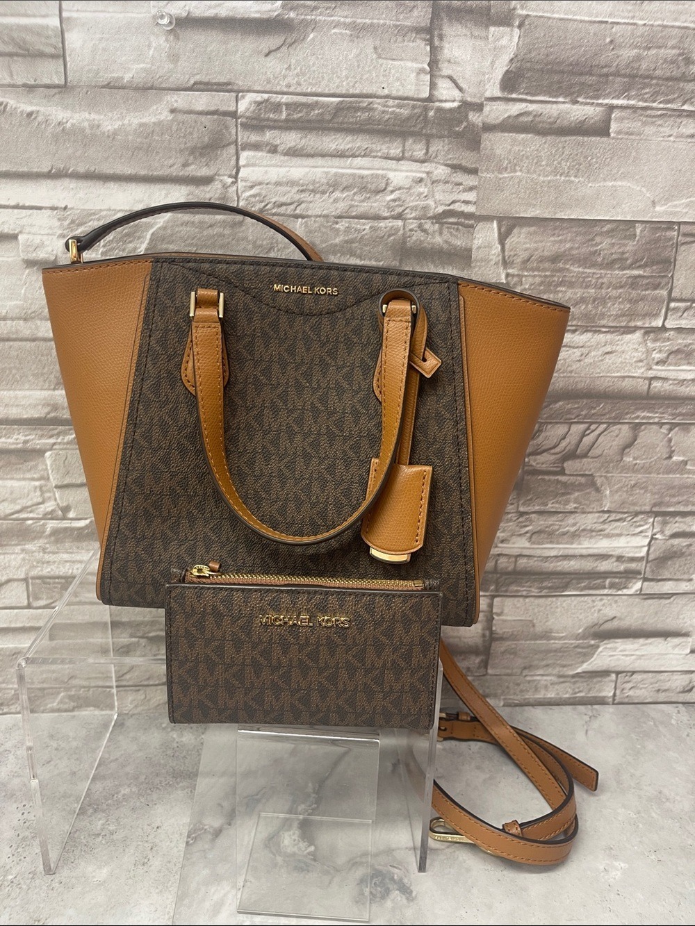 Michael Kors Taryn Small Brown and Tan Logo Satchel with Matching Card Wallet